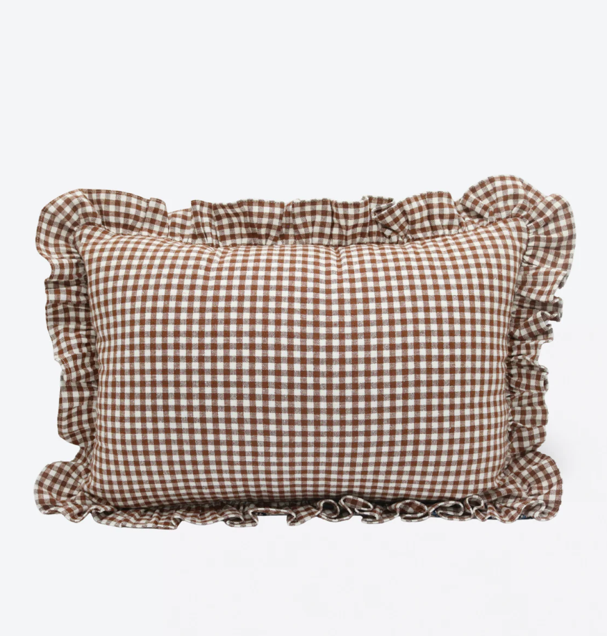 Ruffle Gingham Pillow : Brown